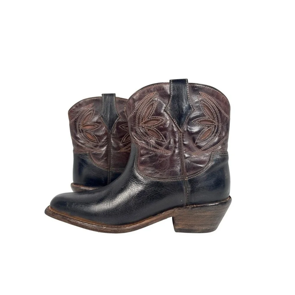 Bed Stu Cobbler Series Western Ankle Boots Womens 6 Black Brown Leather Snip Toe